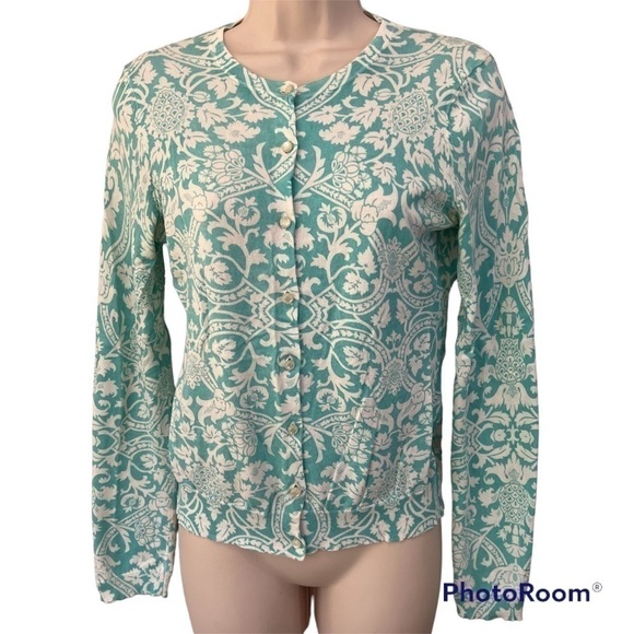𝅺ann Taylor LOFT teal & white detailed button up sweater, S, floral pineapples. - Picture 1 of 13